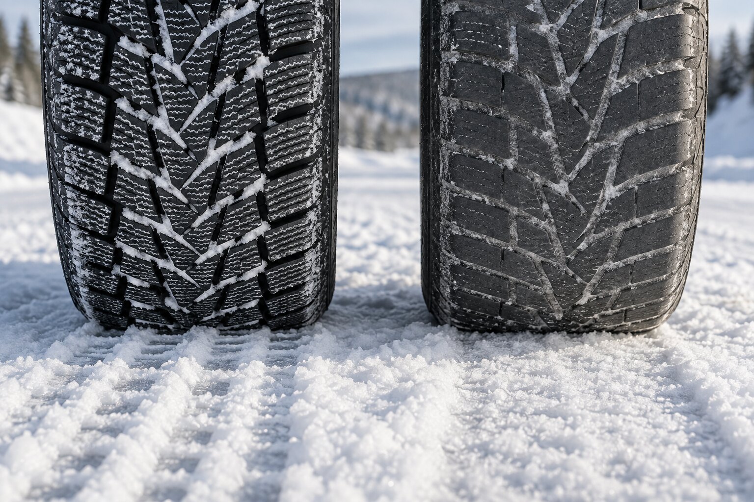 Diep ingesneden en versleten profiel van winterbanden op samengeperste sneeuw