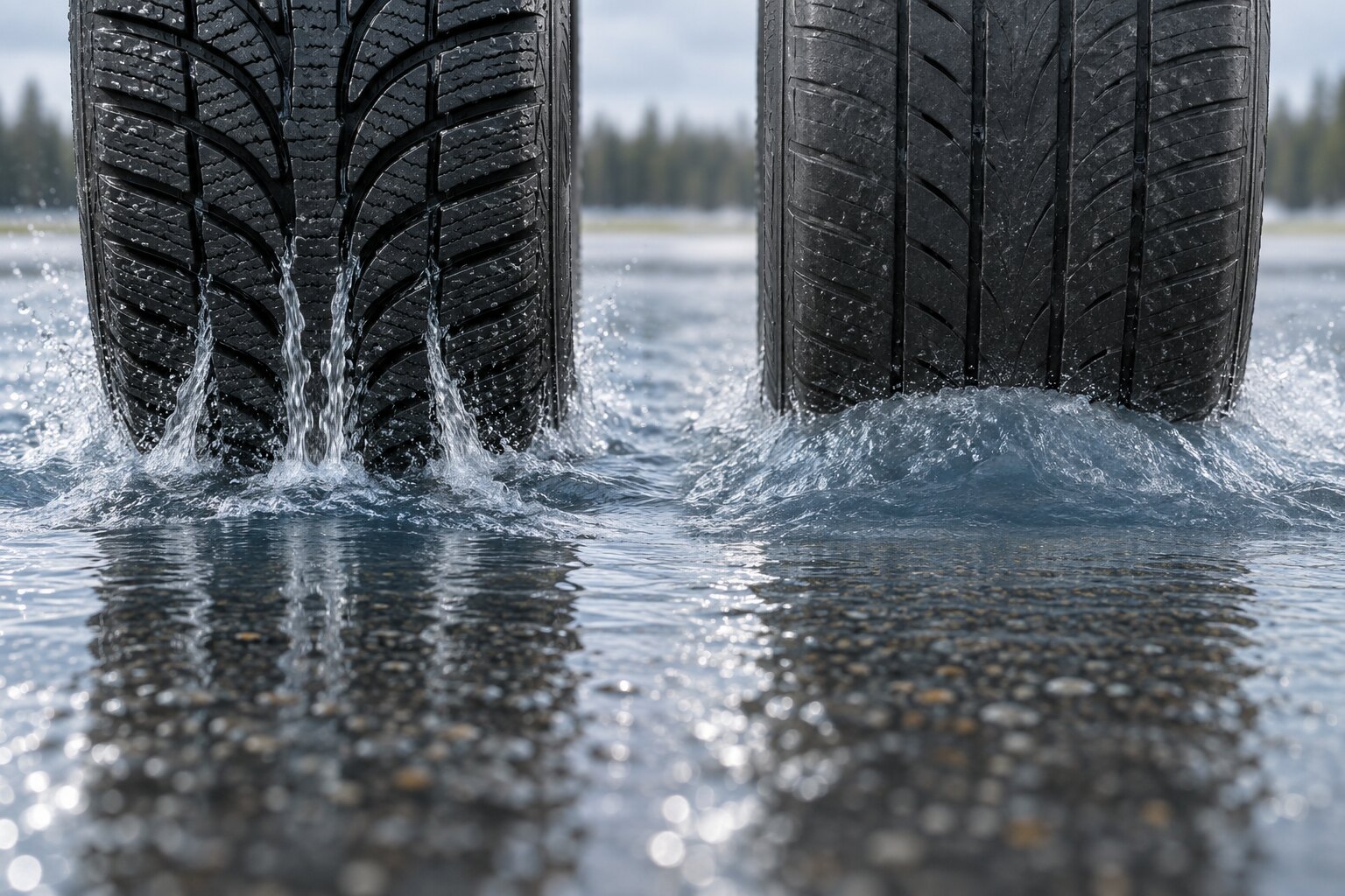 Diep en ondiep bandenprofiel die naast elkaar door stilstaand water rijden